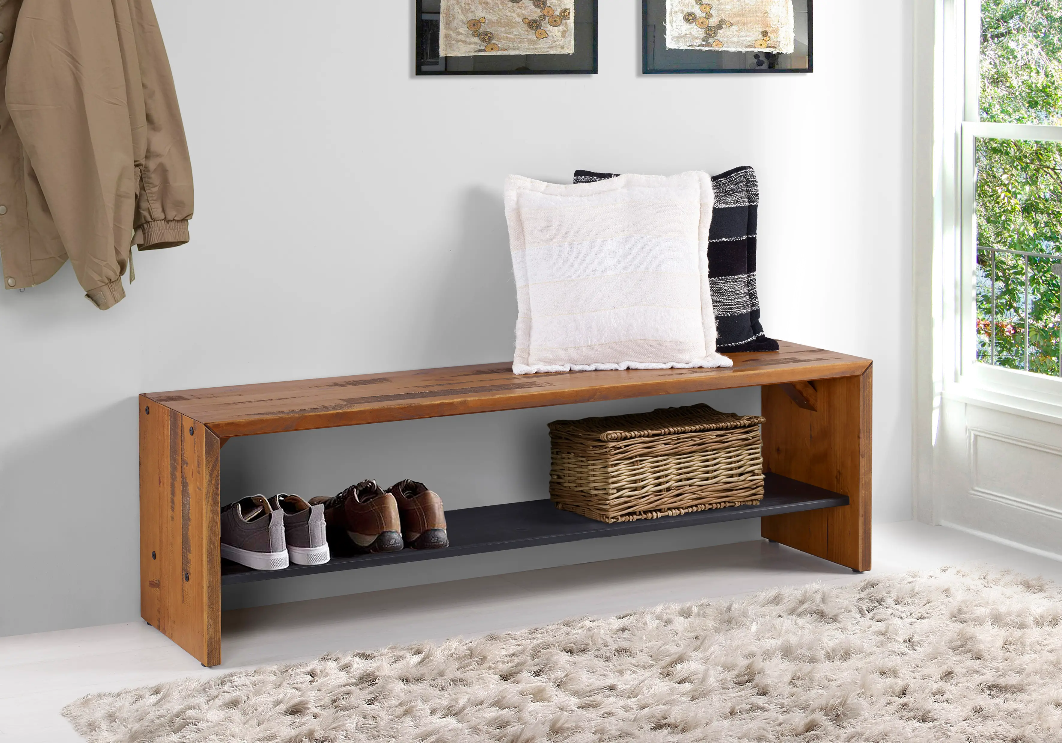 B58ALPAM 58 Inch Rustic Amber Brown Reclaimed Wood Entry Bench - Walker Edison-2