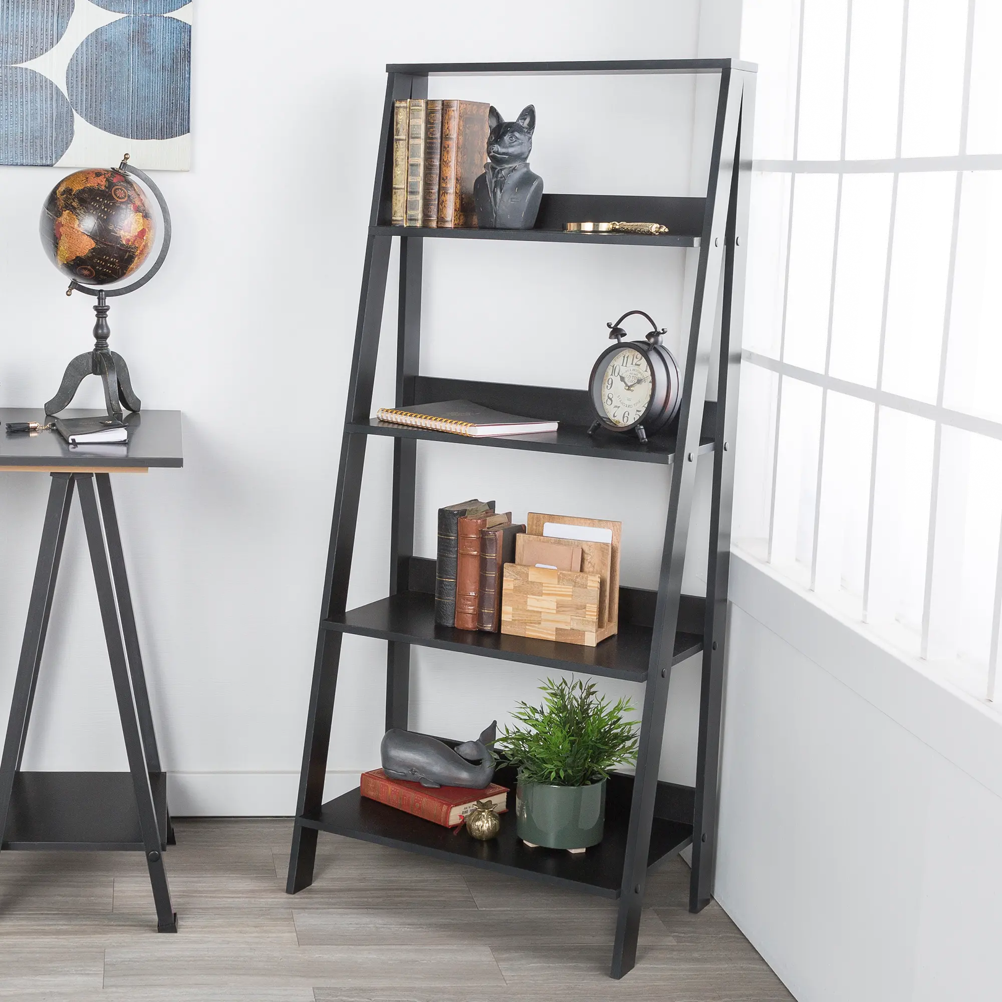 BS55LDBL Black Wood Ladder Bookcase - Walker Edison-2