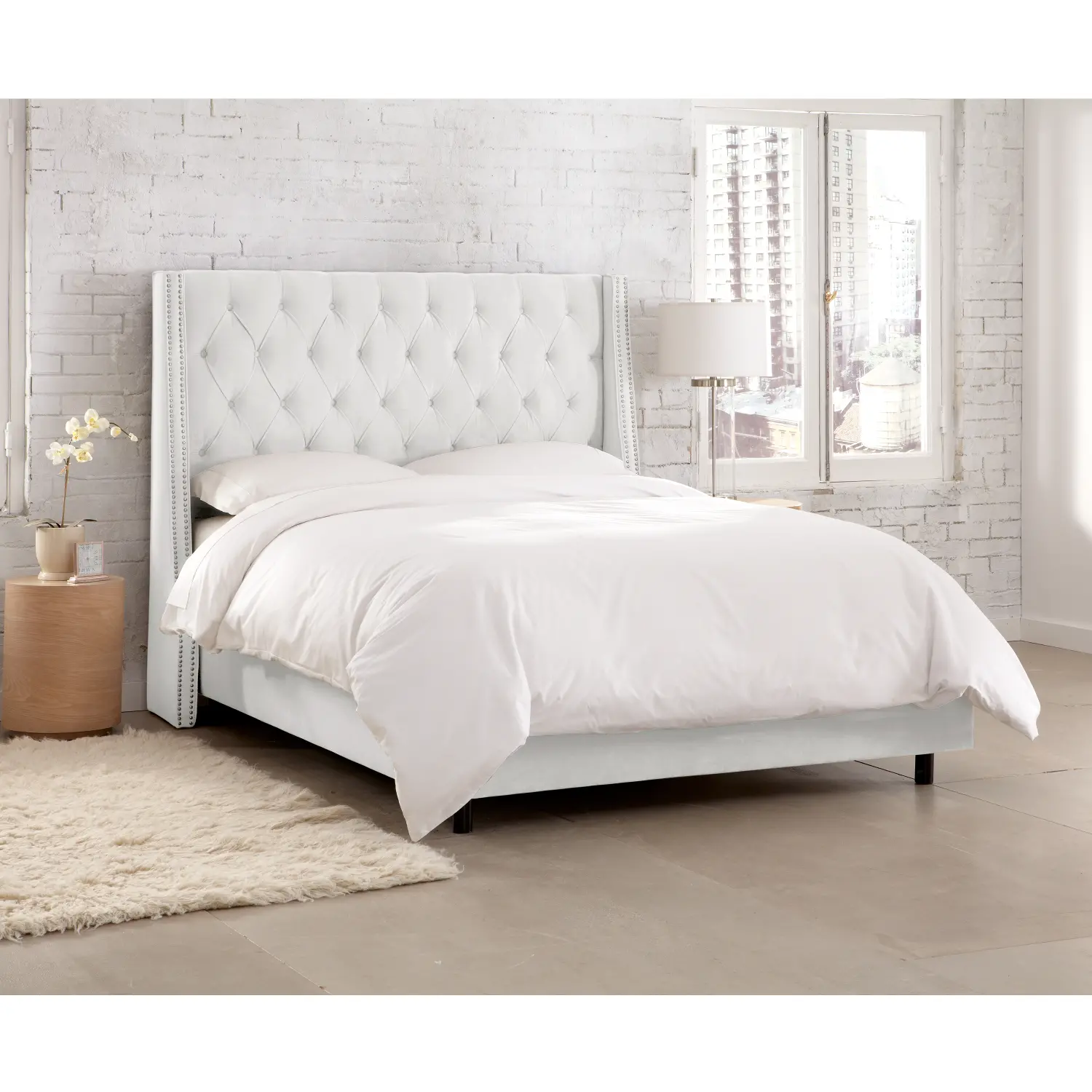 123NBBED-PWVLVWHT Riley Velvet White Flared Wingback King Bed - Skyline Furniture-1