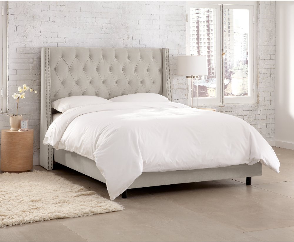 Riley Velvet Light Gray Flared Wingback California King Bed - Skyline Furniture