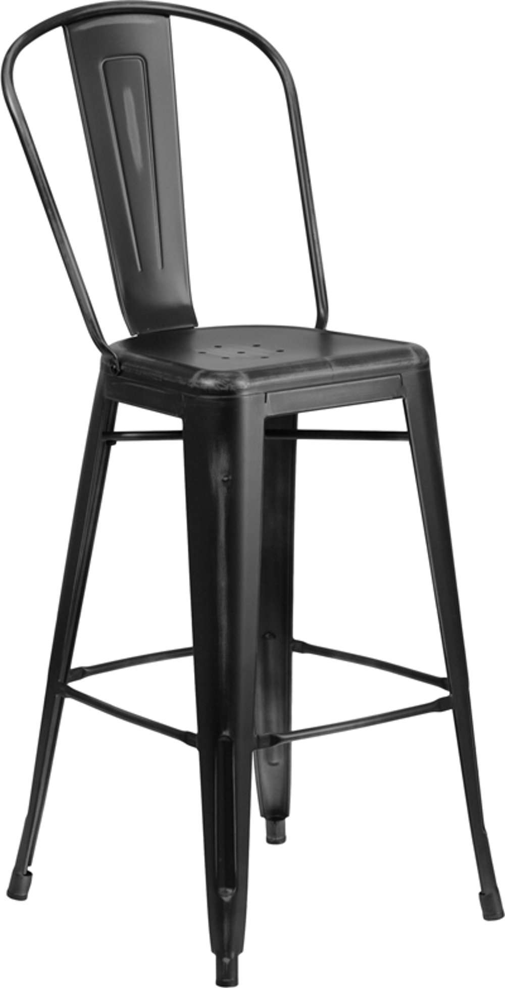 High Back 30" Distressed Black Metal Indoor-Outdoor Bar Stool