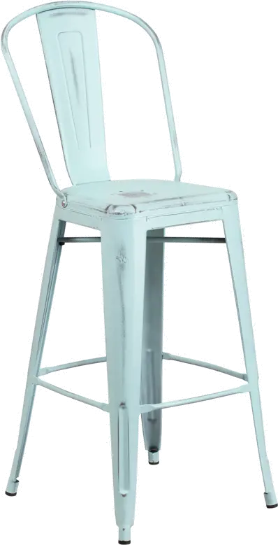 High Back 30  Distressed Blue-Green Metal Indoor-Outdoor Barstool-1