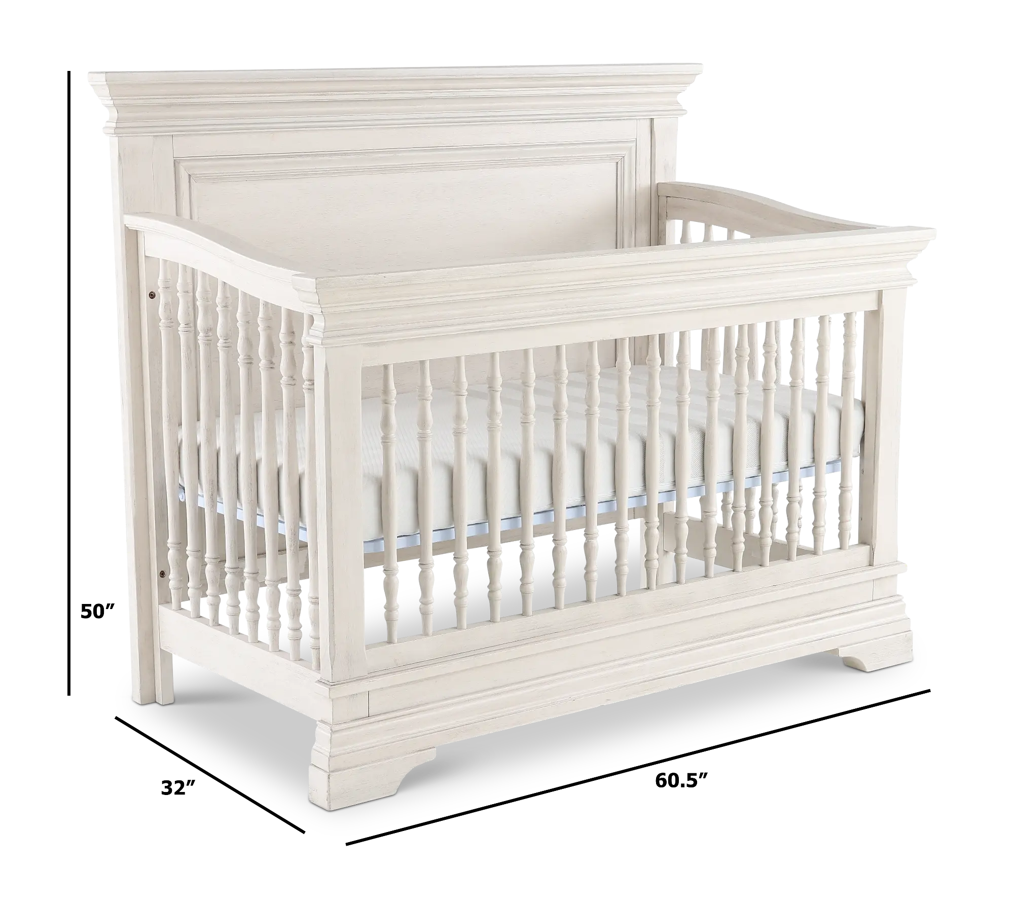 White wooden crib with curved front rail and mattress inside