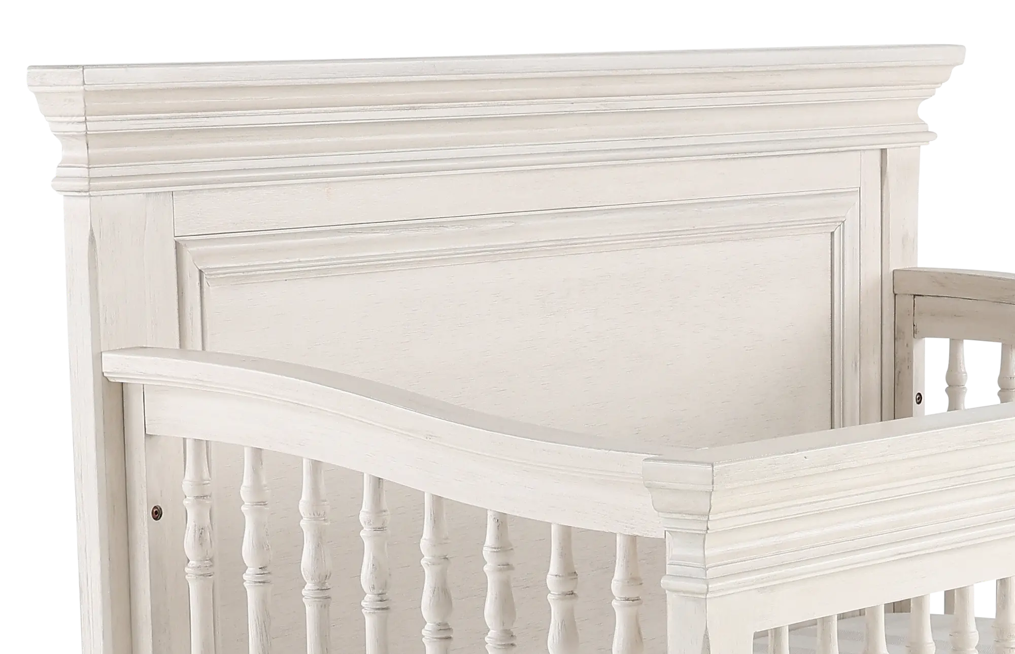 White wooden crib with two side rails and mattress, front view