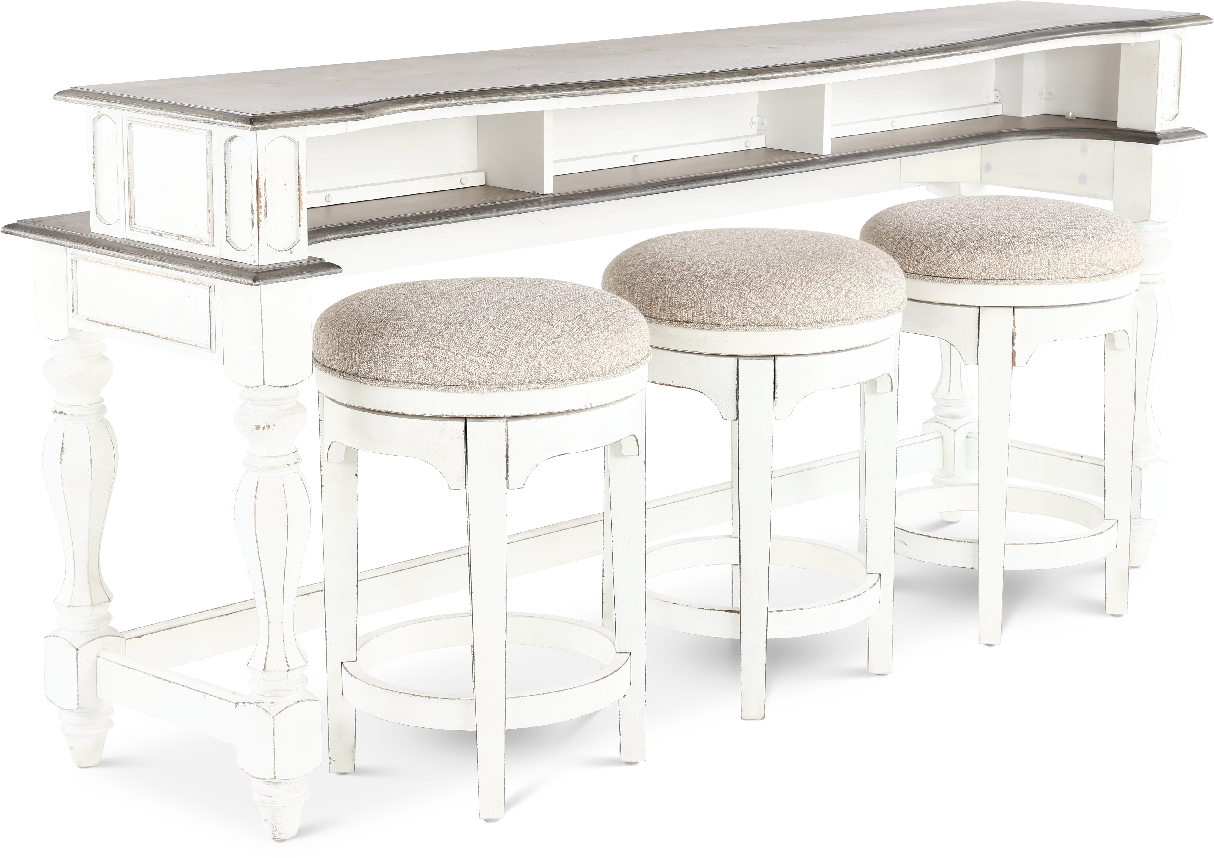 KIT/3STOOLS/CONSOLE Magnolia Manor Antique White Console Bar Table and Stools-1