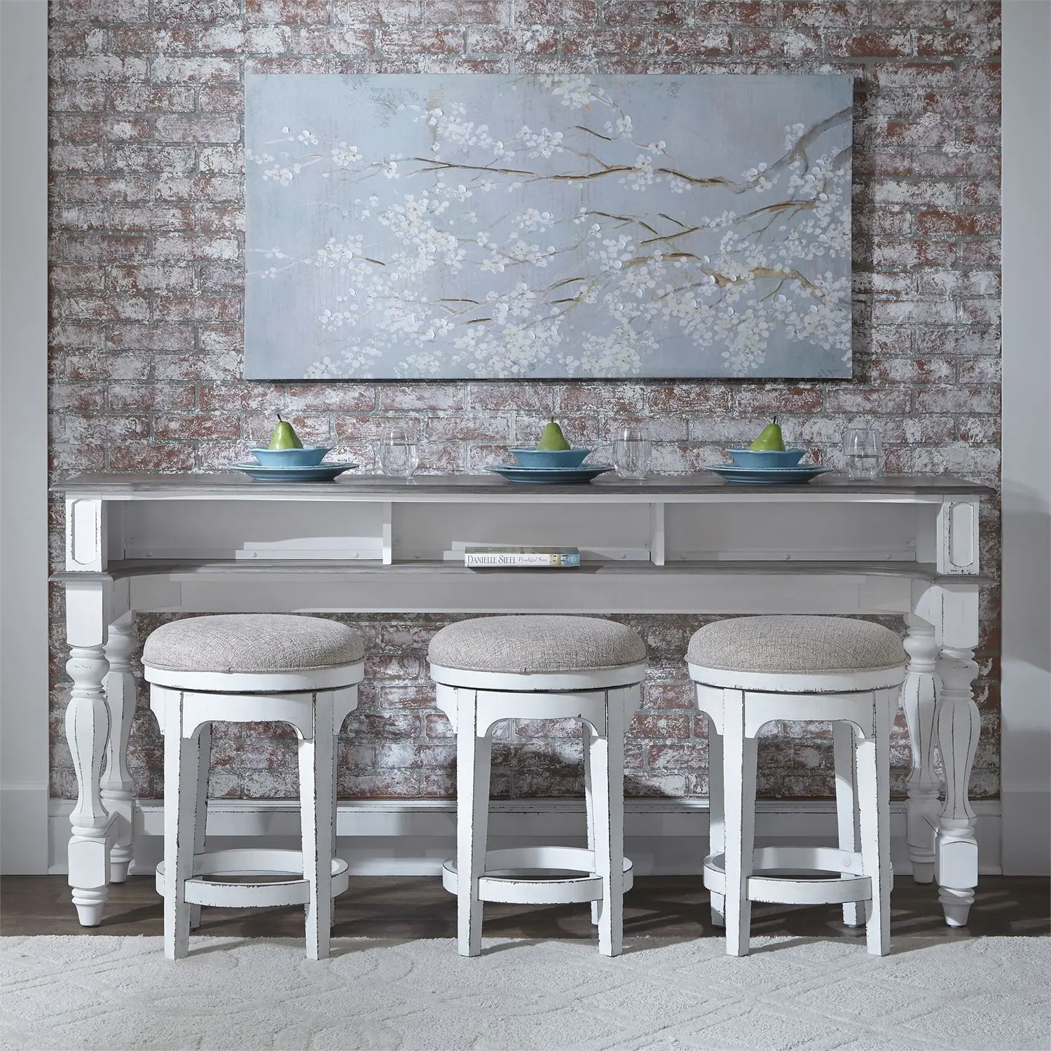 KIT/3STOOLS/CONSOLE Magnolia Manor Antique White Console Bar Table and Stools-2