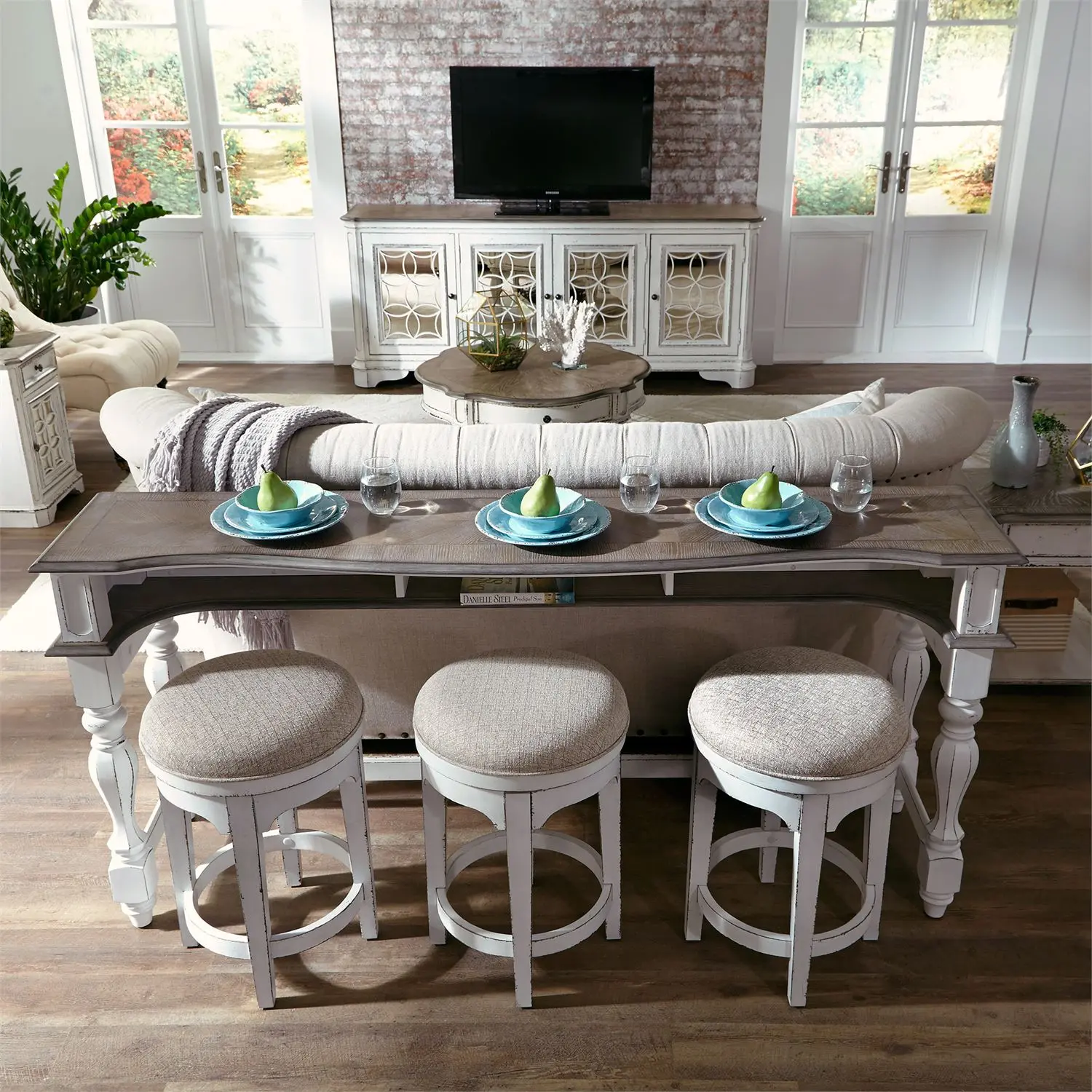 KIT/3STOOLS/CONSOLE Magnolia Manor Antique White Console Bar Table and Stools-9