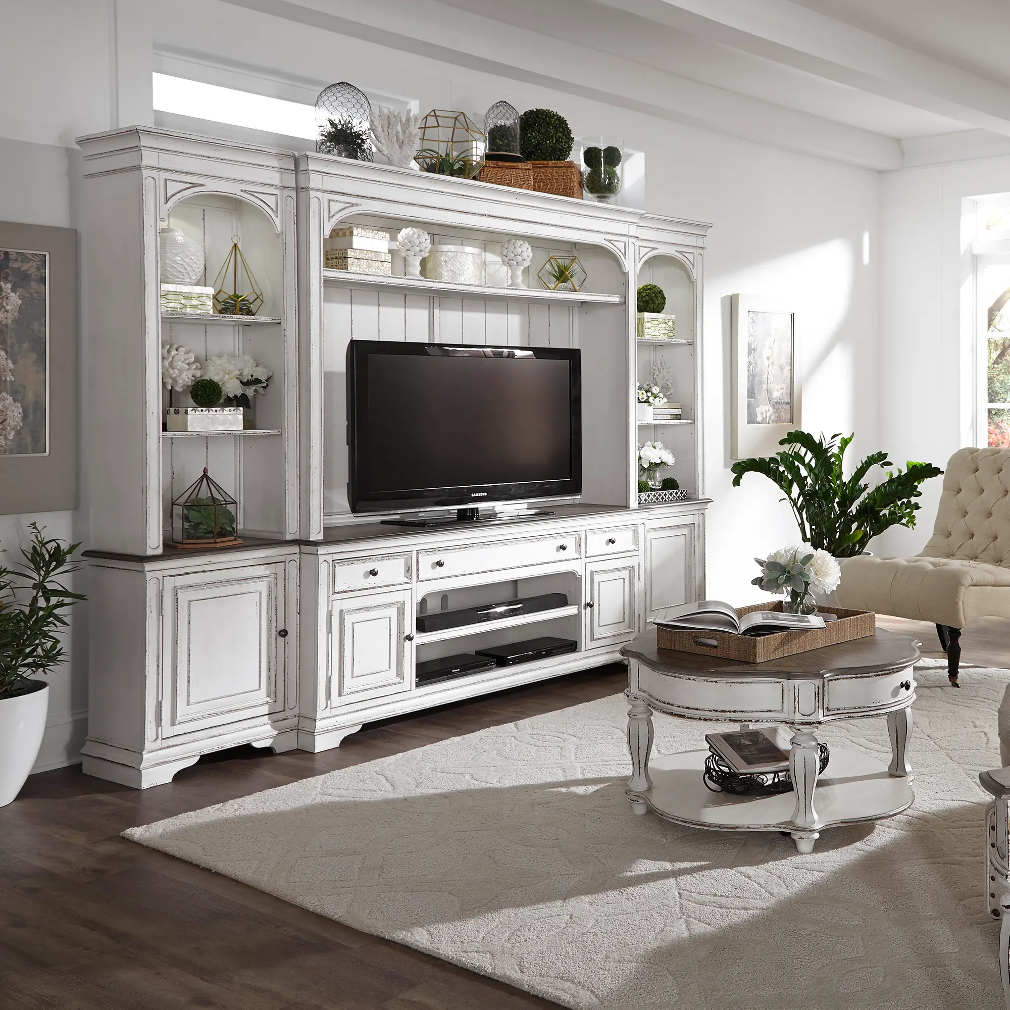 4PC/MAG_MANR_ENT_WAL Magnolia Manor Antique White 4 Piece Entertainment Center-2