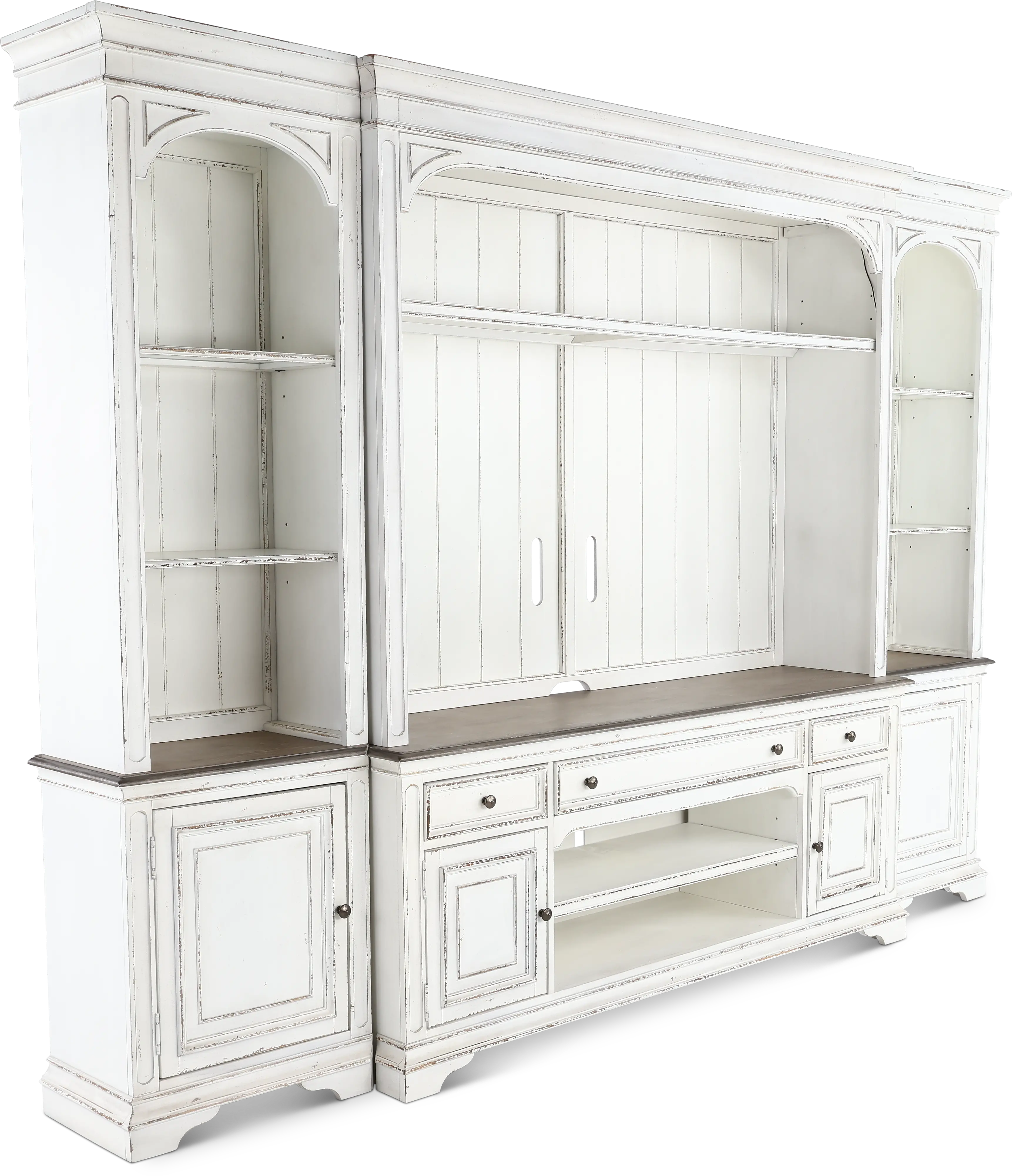 4PC/MAG_MANR_ENT_WAL Magnolia Manor Antique White 4 Piece Entertainment Center-4
