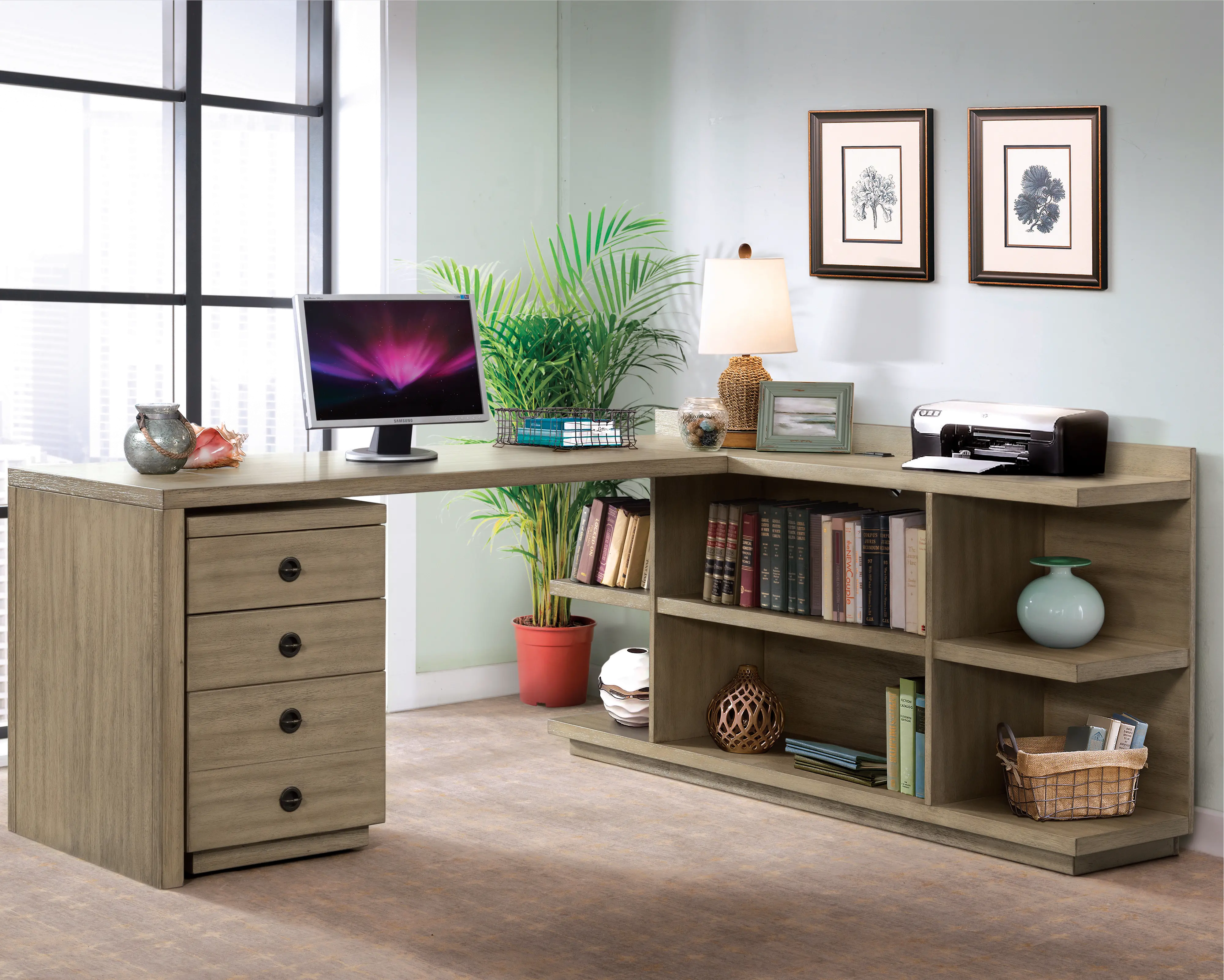 Perspectives Weathered Brown L-Shaped Desk with Filing Cabinet-2