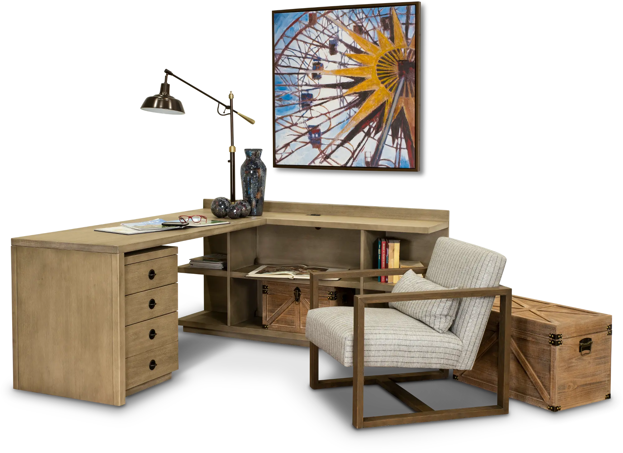 Perspectives Weathered Brown L-Shaped Desk with Filing Cabinet-4