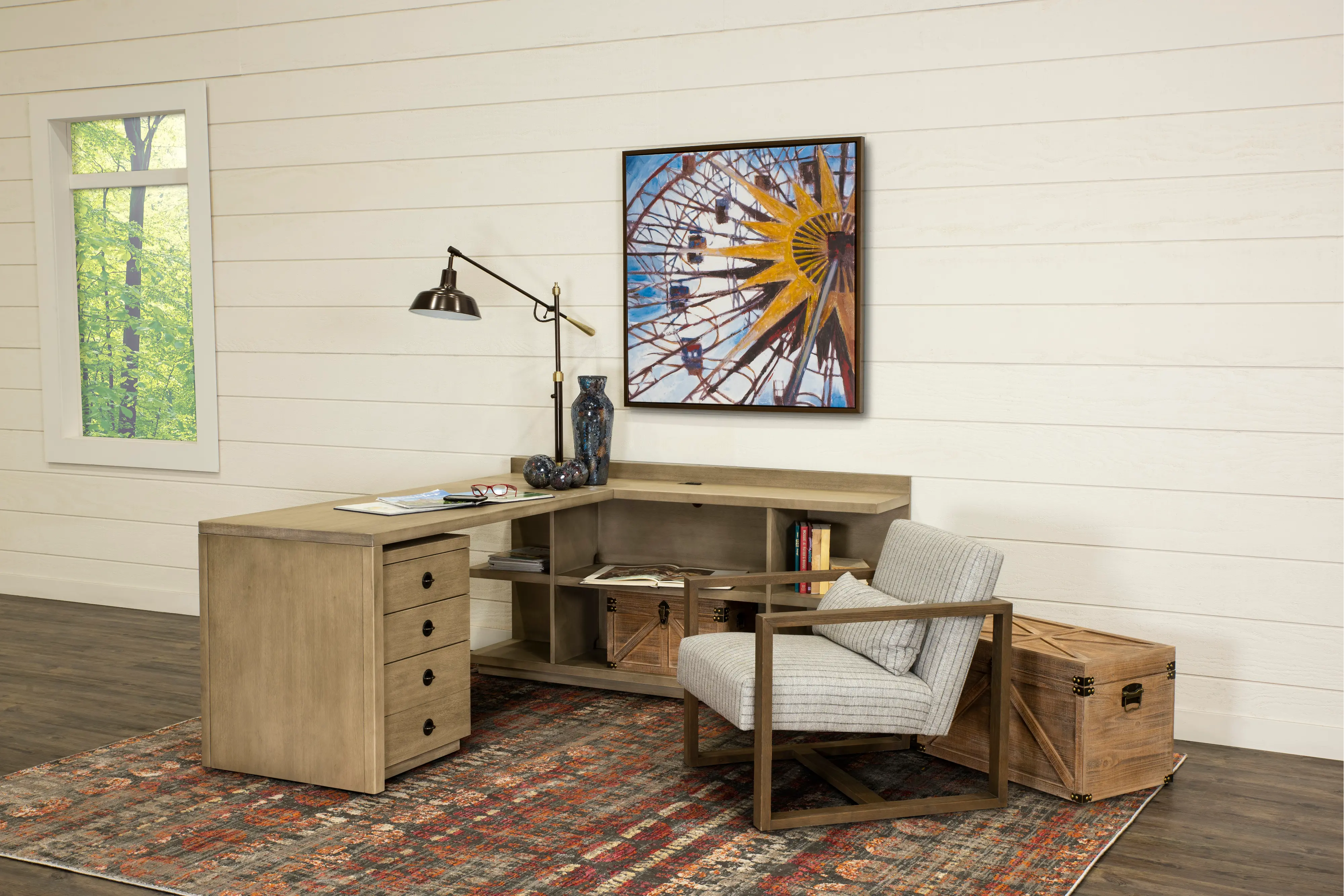 Perspectives Weathered Brown L-Shaped Desk with Filing Cabinet-5
