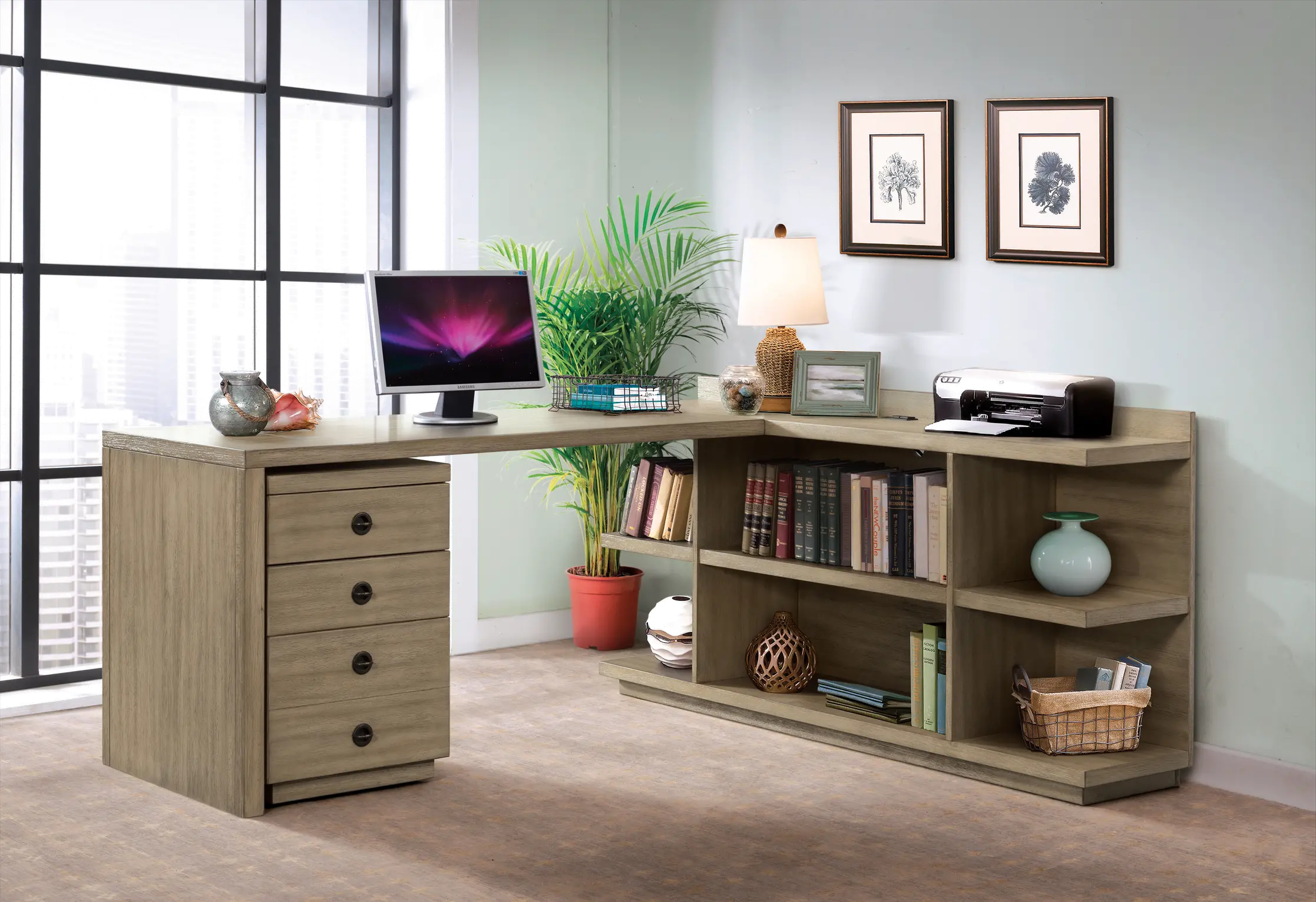 Perspectives Weathered Brown L-Shaped Desk with Filing Cabinet-6