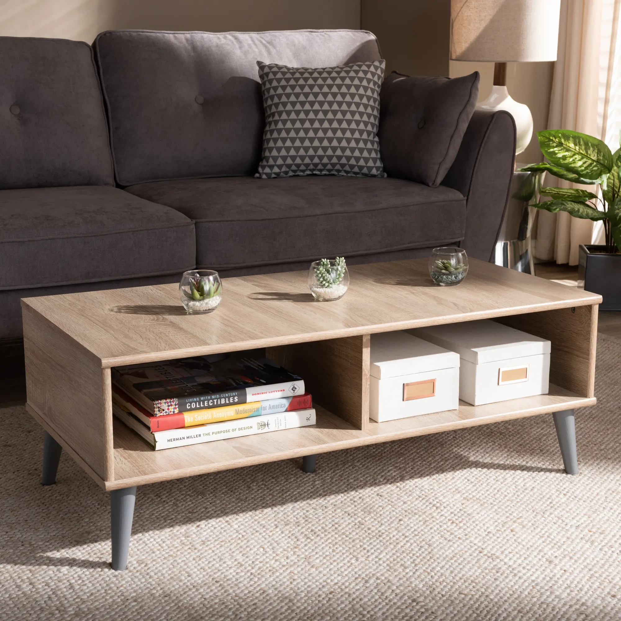 147-8253-RCW Mid Century Modern Oak and Light Grey Wood Coffee Table - Pierre-2
