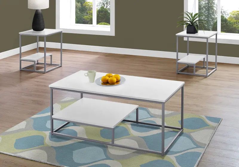 White and Silver 3 Piece Metal Table Set