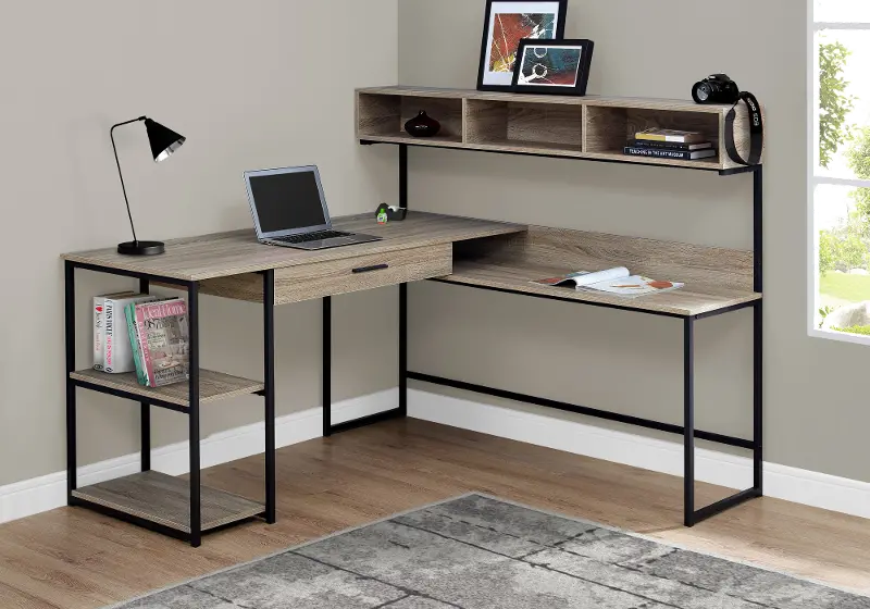 Taupe and Black Metal Corner Computer Desk