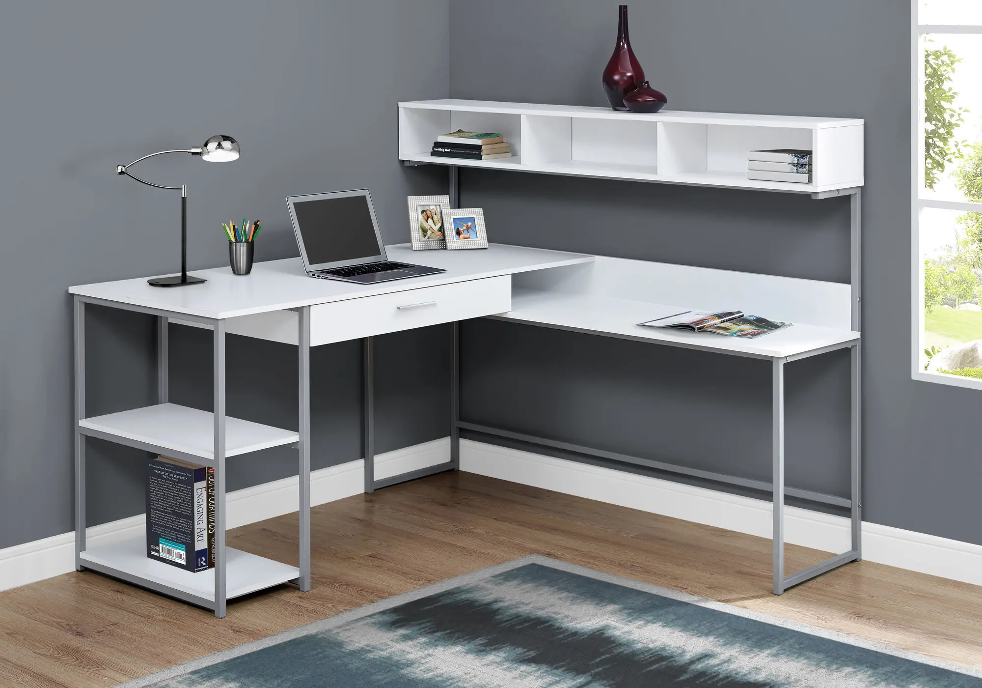 White and Silver Metal Corner Computer Desk | RC Willey, image size:2000x1400