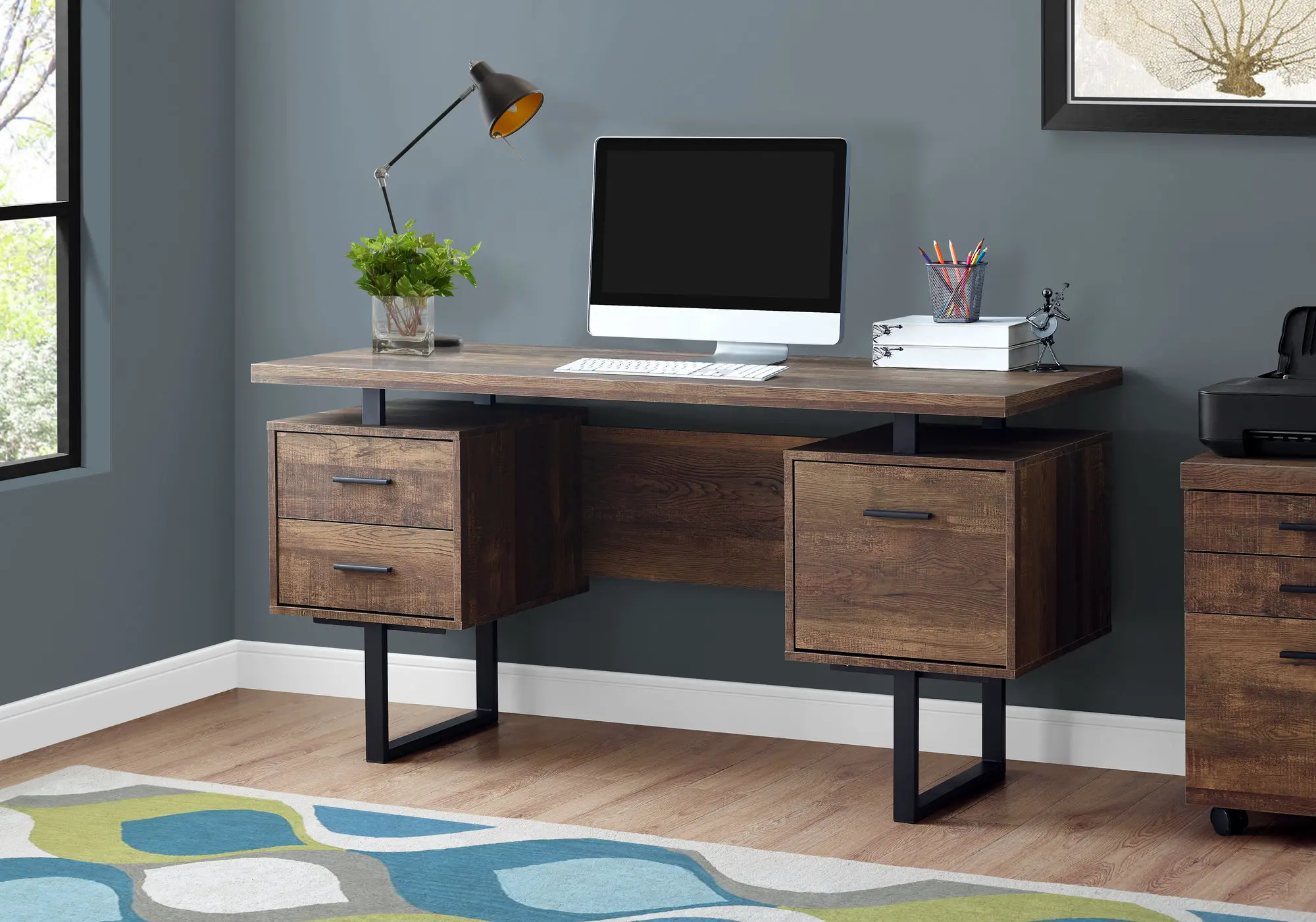 Brown Wood Grain Look and Metal Computer Desk-2