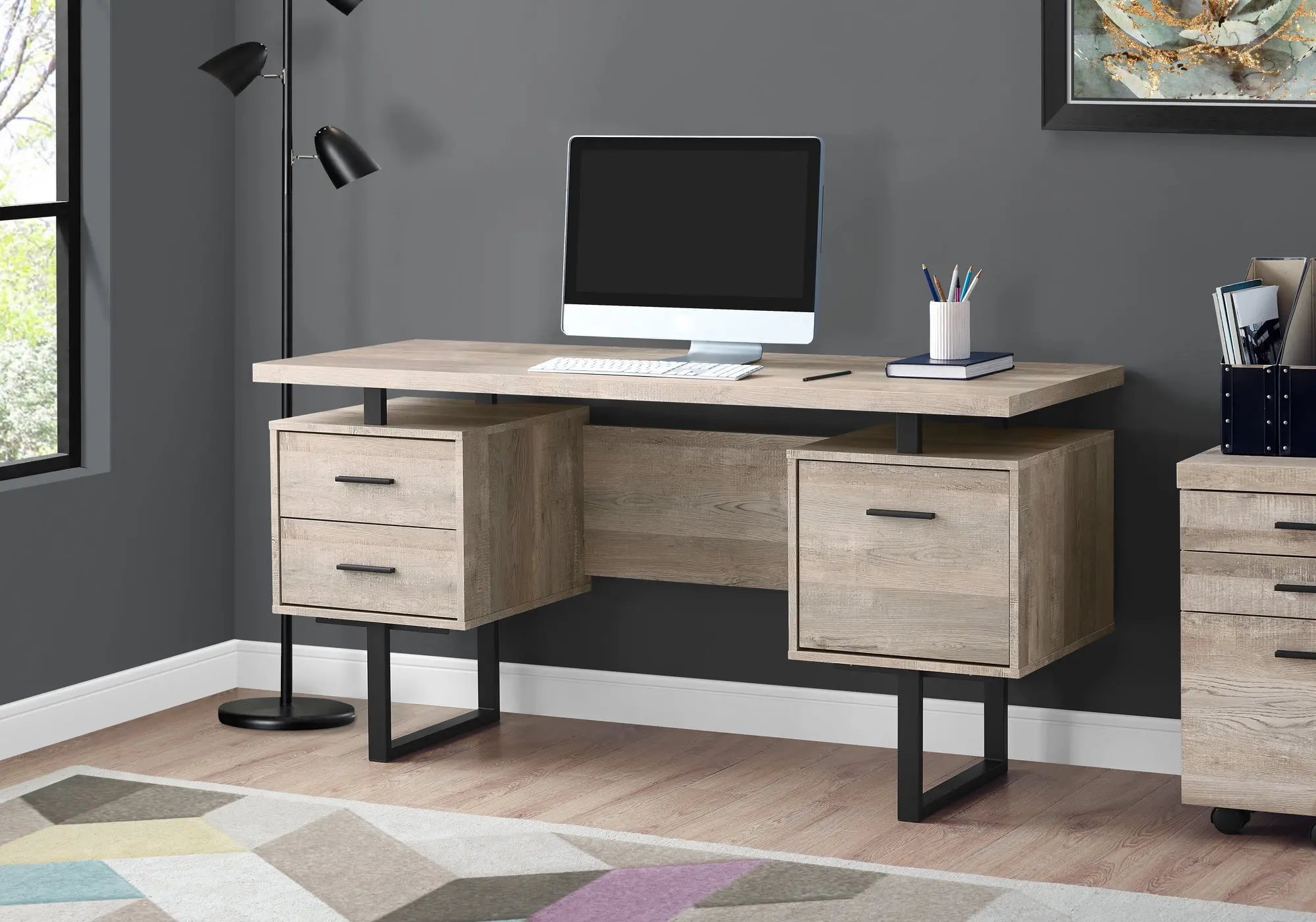 Taupe Wood Grain Look and Metal Computer Desk-1