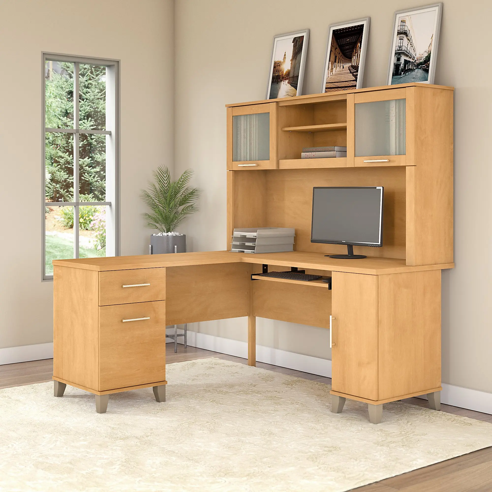 SET002MC Maple L Shaped Computer Desk with Hutch - Somerset-2