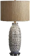 Aged Ivory Ceramic Embossed Tribal Table Lamp