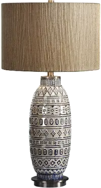 Aged Ivory Ceramic Embossed Tribal Table Lamp