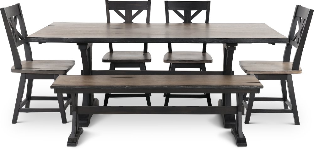 Orlando Farmhouse Sand and Black 6 Piece Dining Set with Bench