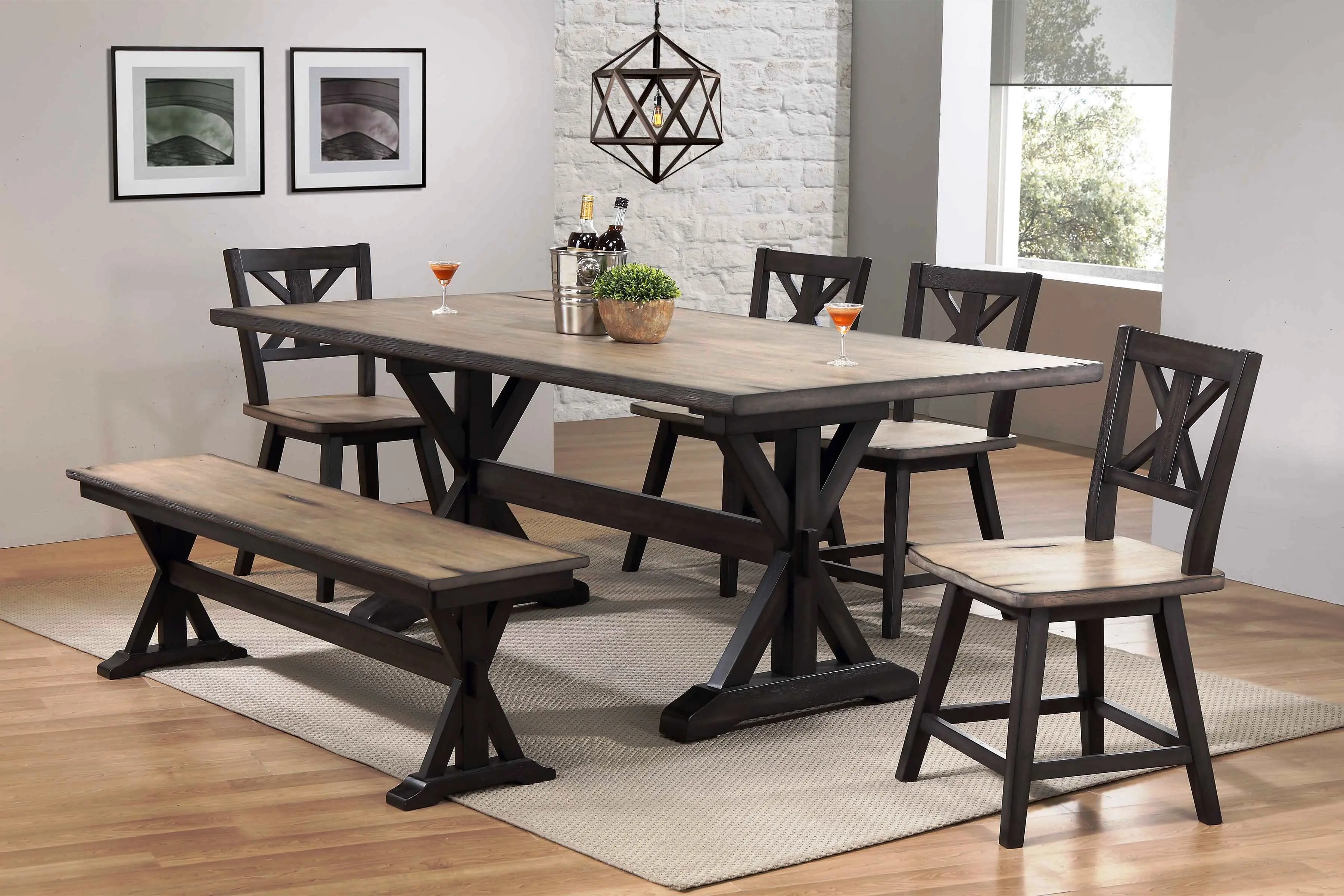 Orlando Farmhouse Sand and Black 6 Piece Dining Set with Bench-2