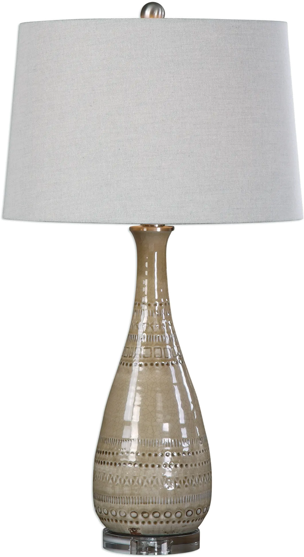 Light Taupe Ceramic Table Lamp with Brushed Nickel Details-1