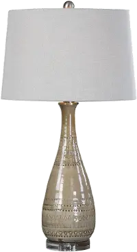 Light Taupe Ceramic Table Lamp with Brushed Nickel Details
