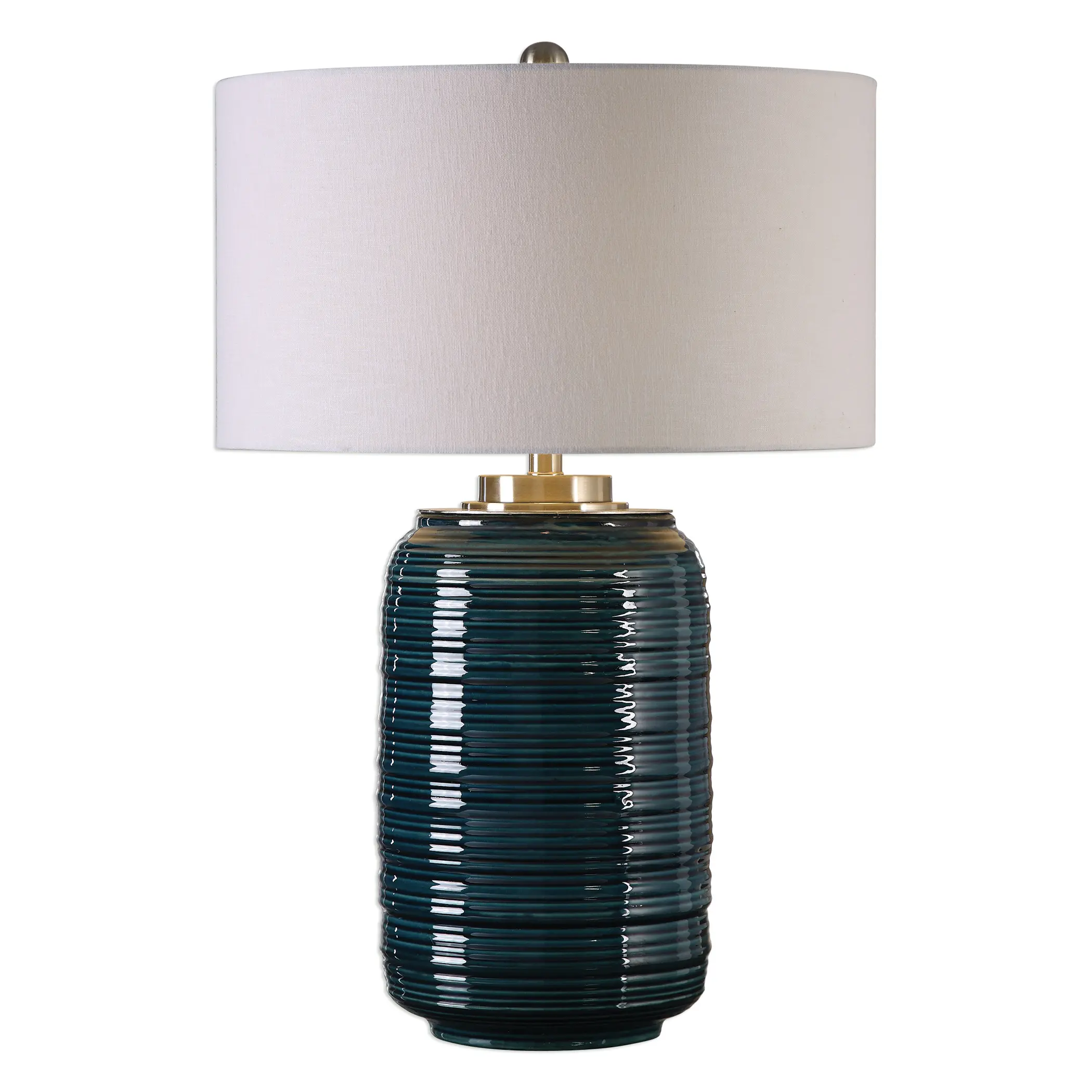 Dark Teal Ribbed Ceramic Table Lamp with Nickel Details-1