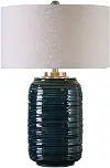 Dark Teal Ribbed Ceramic Table Lamp with Nickel Details