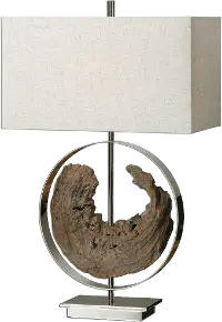 Faux Driftwood and Polished Nickel Plated Metal Table Lamp