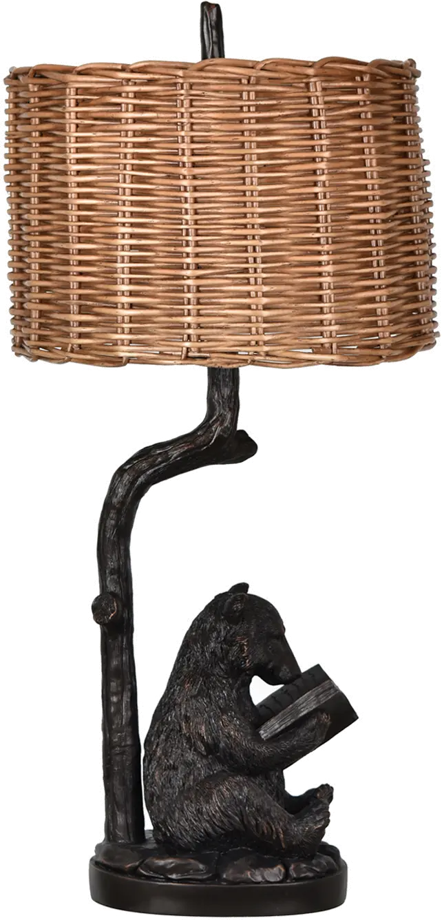 Resin Bronze Reading Bear Table Lamp with Rattan Shade-1