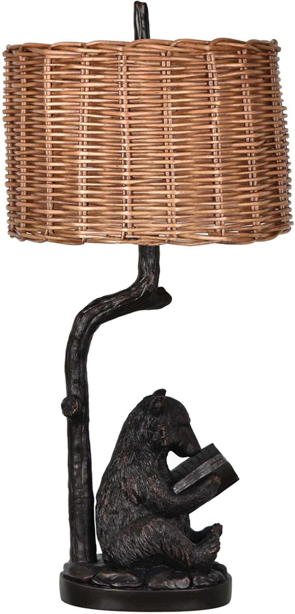Resin Bronze Reading Bear Table Lamp with Rattan Shade