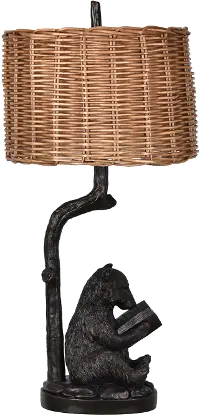 Resin Bronze Reading Bear Table Lamp with Rattan Shade