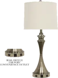31 Inch Brushed Steel Table Lamp with USB Port and Outlet