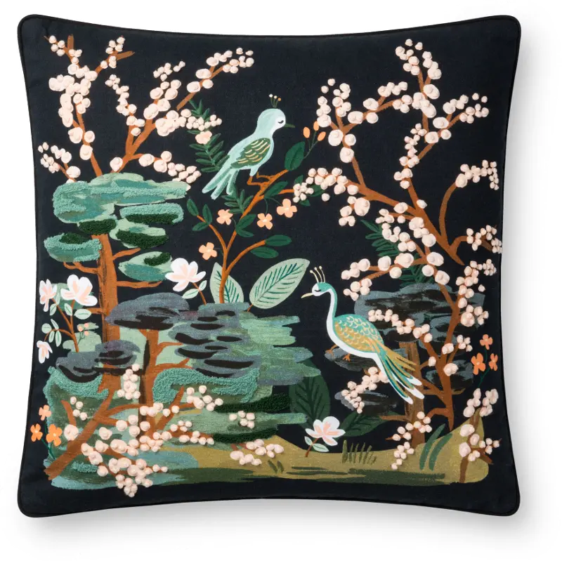 Rifle Paper Co. Black and Multi Color Bird Print and French Knot Throw Pillow