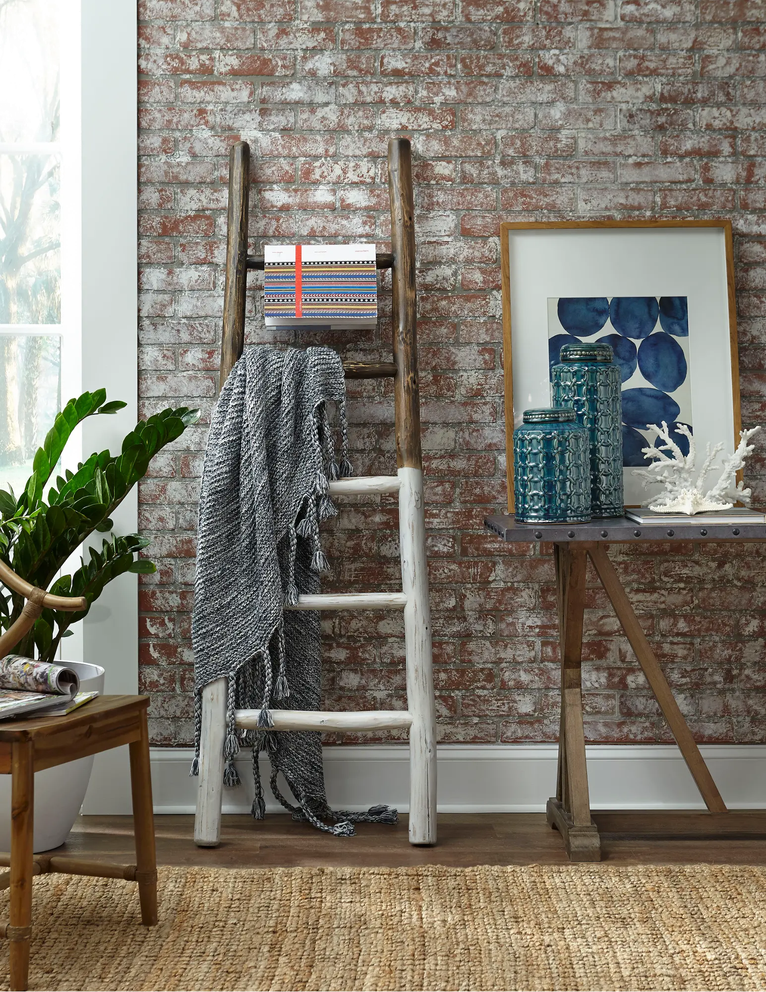 Millie Two Tone Linen White and French Roast Blanket Ladder-2
