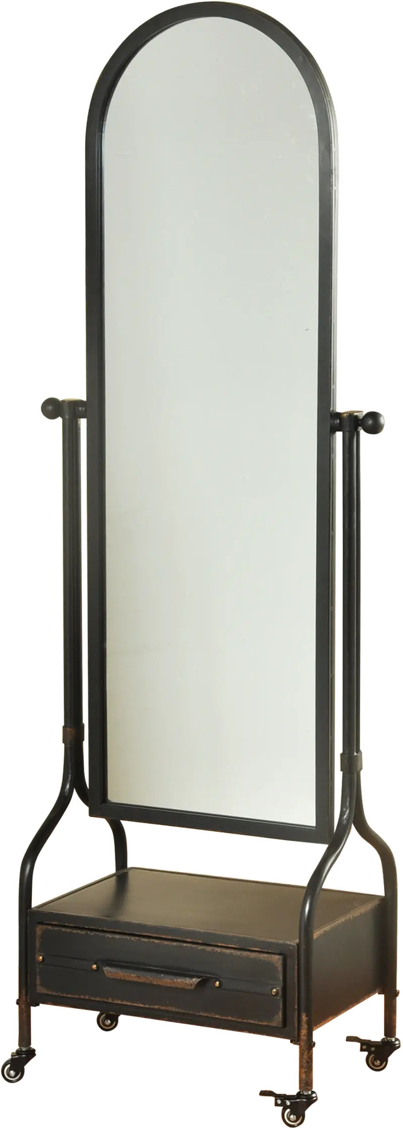 Blackened Gray Galvanized Cheval Mirror With Storage Drawer