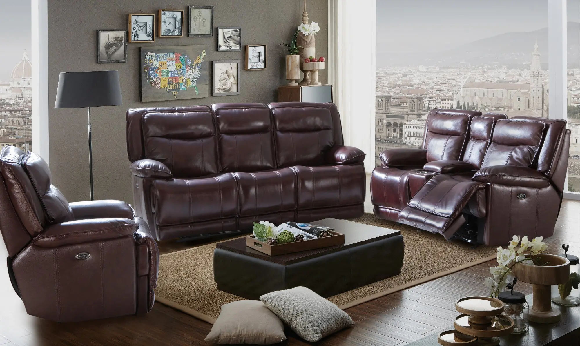 Triple Play Burgundy Leather-Match Power Reclining Sofa-2