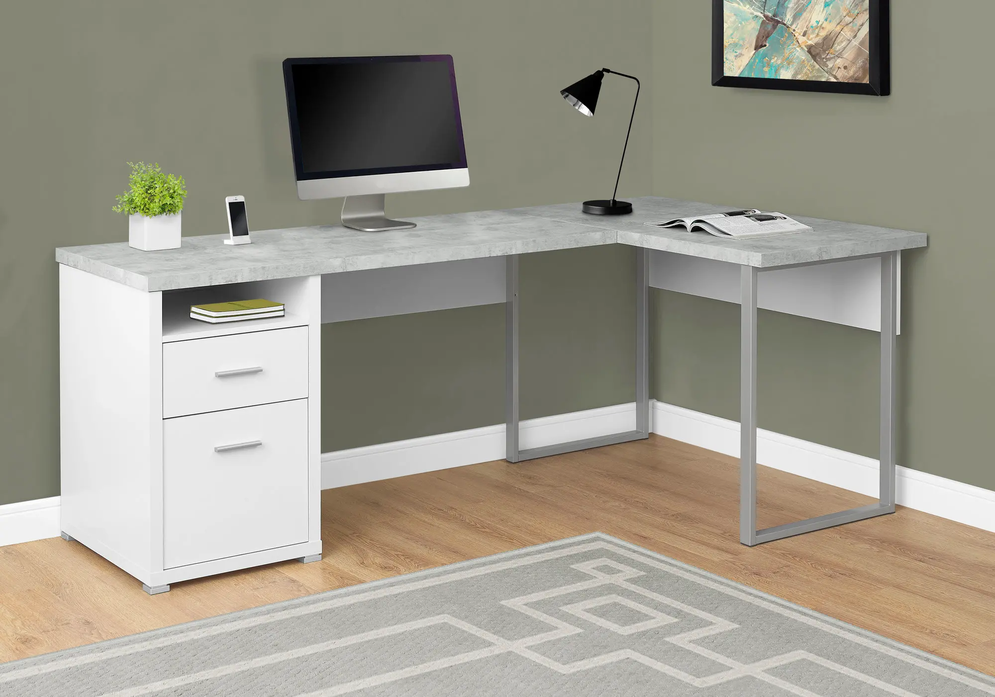 White and Concrete Gray L-Shaped Computer Desk-2