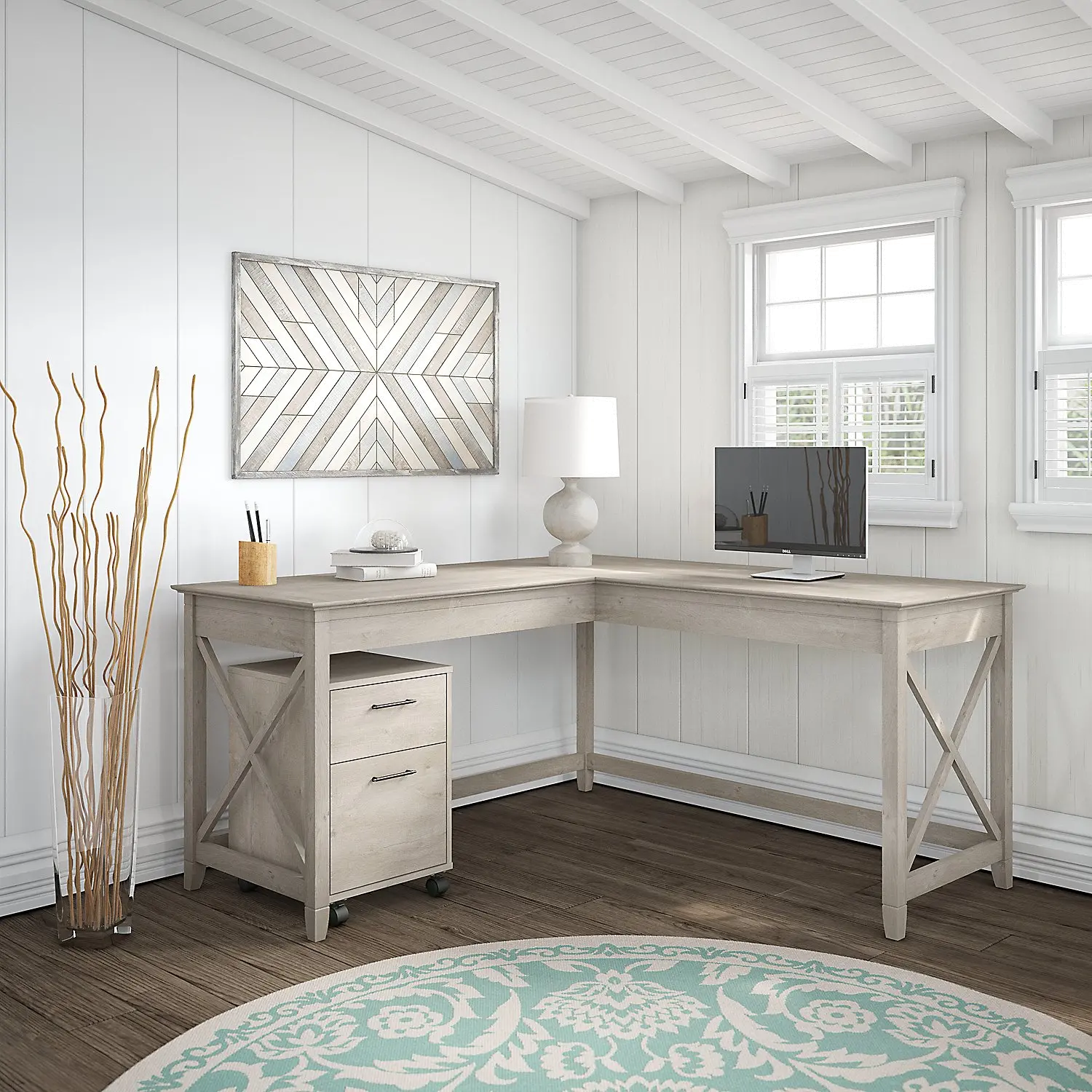 KWS013WG Key West Washed Gray L Shaped Desk with Mobile File Cabinet - Bush Furniture-2