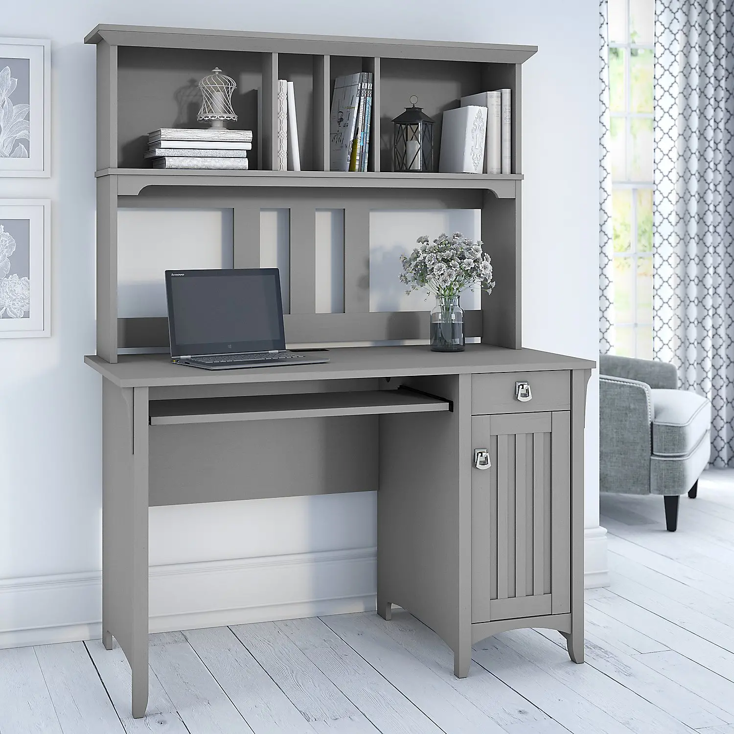 MY72308-03 Cape Cod Gray Computer Desk with Hutch - Bush Furniture-2