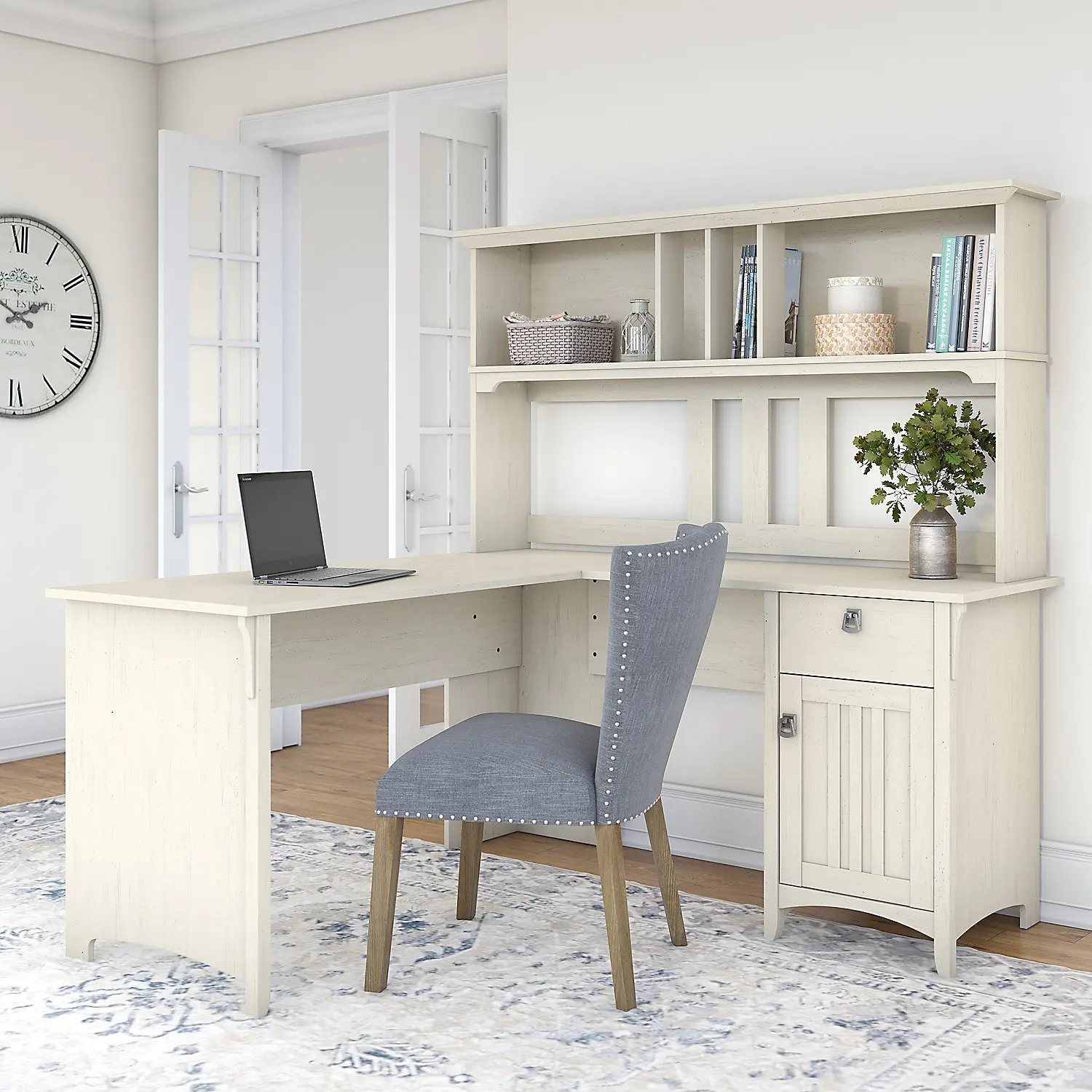 SAL004AW Salinas Antique White L Shaped Pedestal Desk with Hutch-2