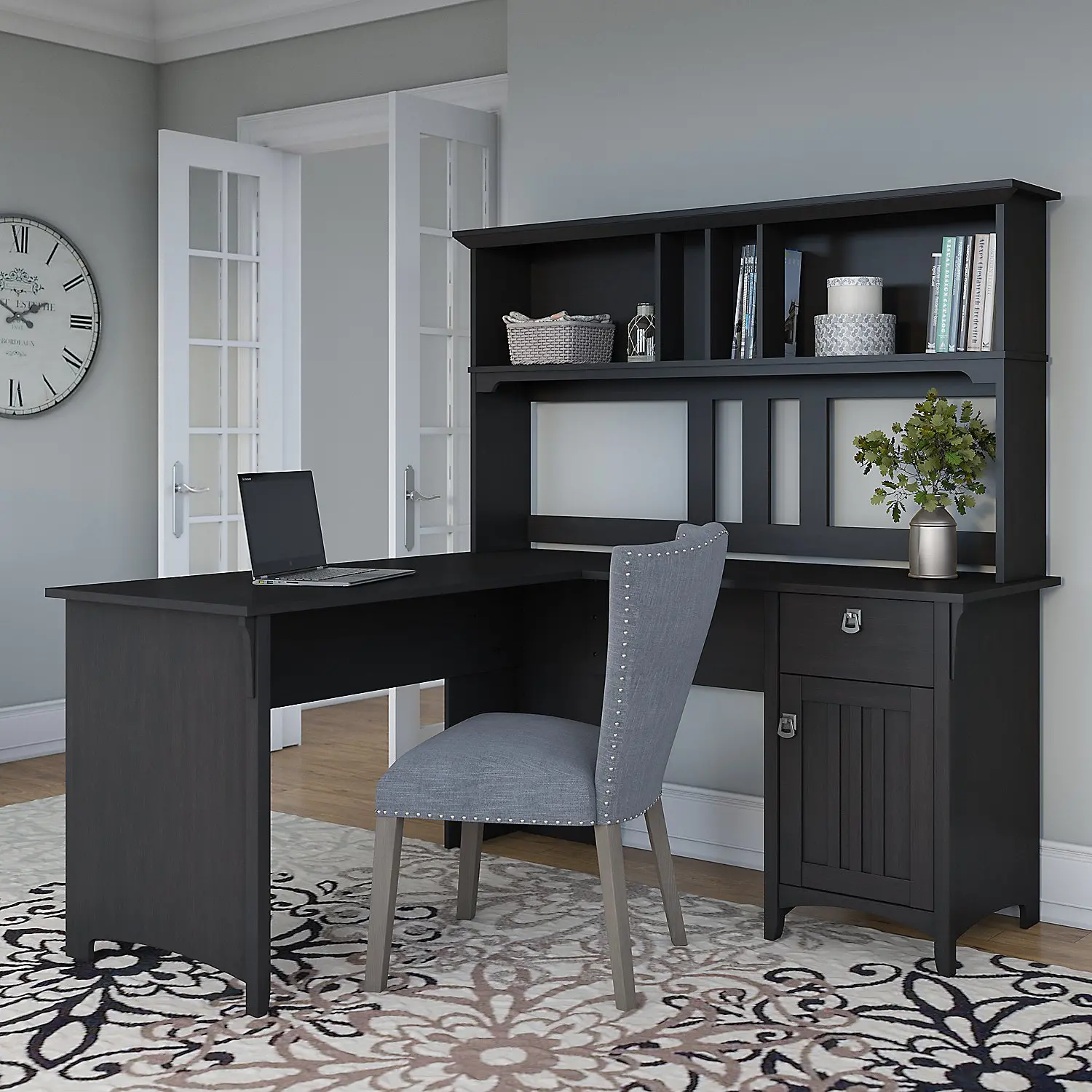 SAL004VB Salinas Black L Shaped Pedestal Desk with Hutch-2
