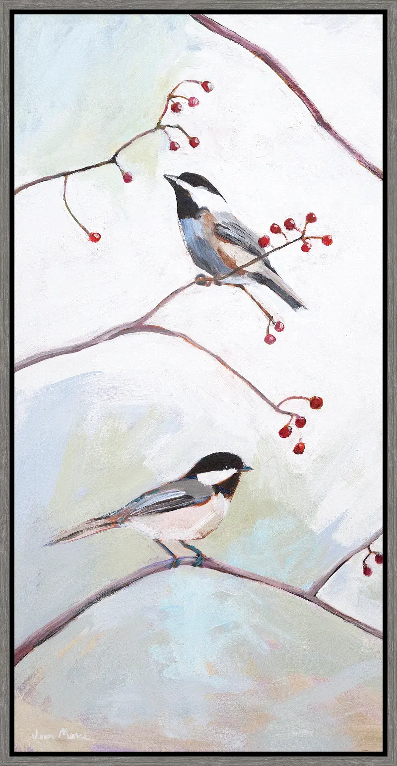 Multi Color Two Birds on Branches Framed Canvas Wall Art