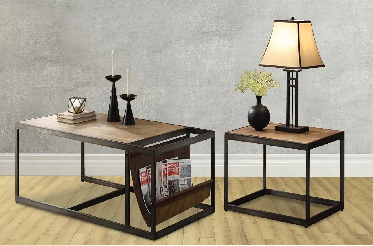 Simple Natural Brown Coffee Table and End Table Bundle - Elm-1