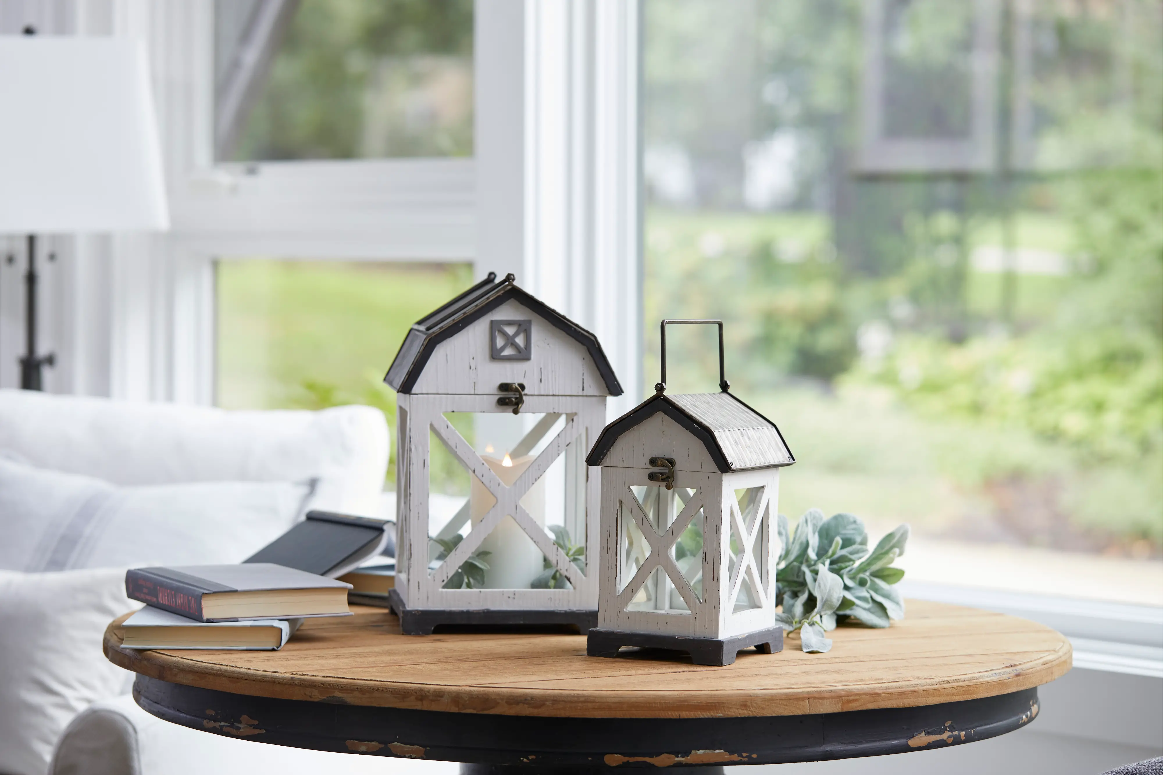 14 Inch White and Gray Wood and Metal Barn Lantern-2