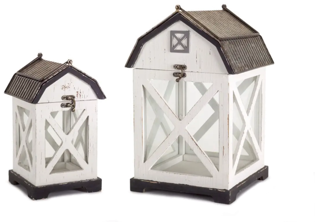 10 Inch White and Gray Wood and Metal Barn Lantern-1